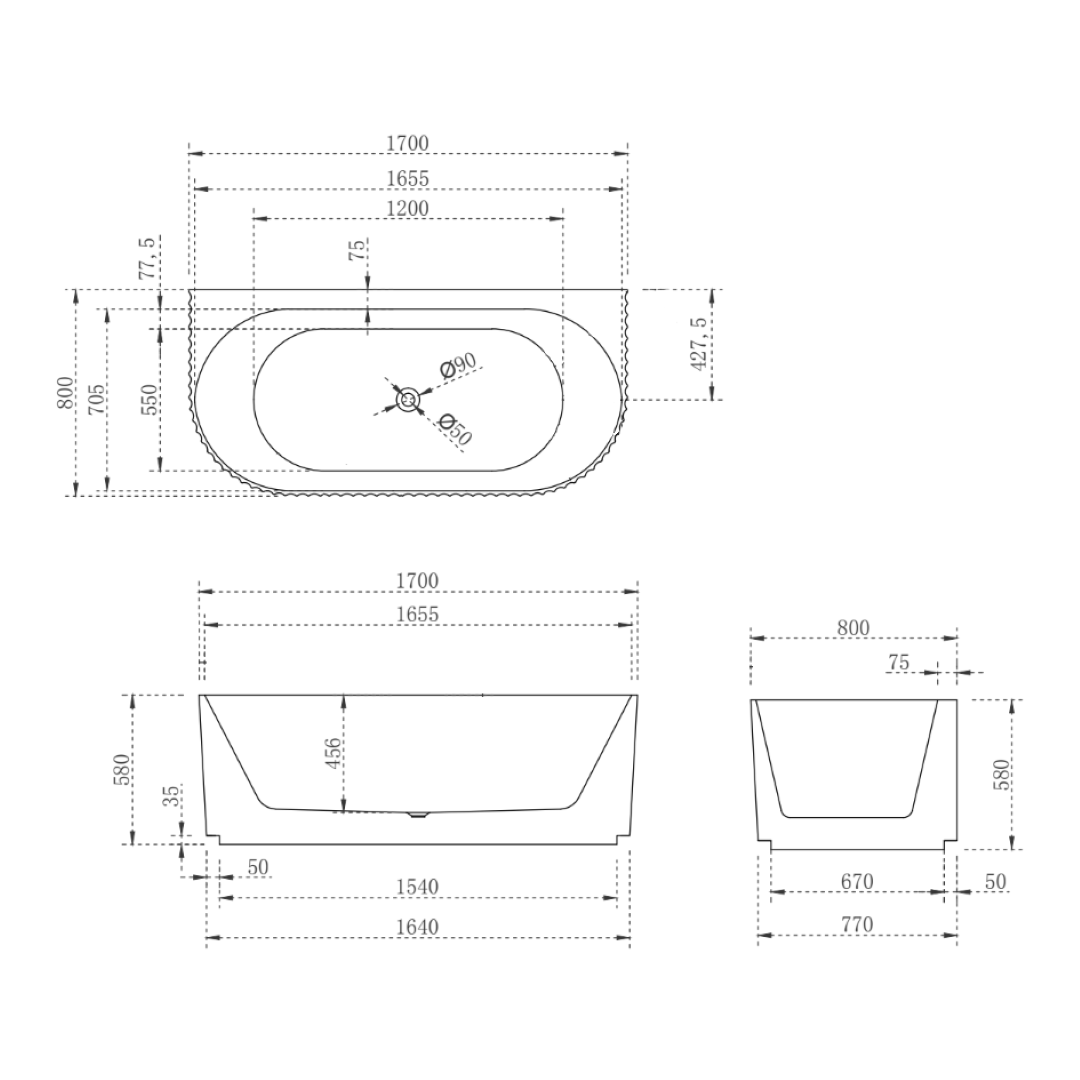 ENFLAIR BRIGHTON GROOVE FREESTANDING BACK TO WALL BATHTUB MATTE BLACK (AVAILABLE IN 1500MM AND 1700MM)