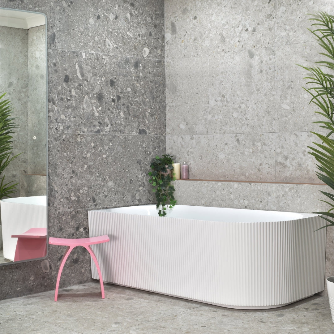 ENFLAIR BRIGHTON GROOVE FREESTANDING LEFT CORNER BATHTUB GLOSS WHITE (AVAILABLE IN 1500MM AND 1700MM)
