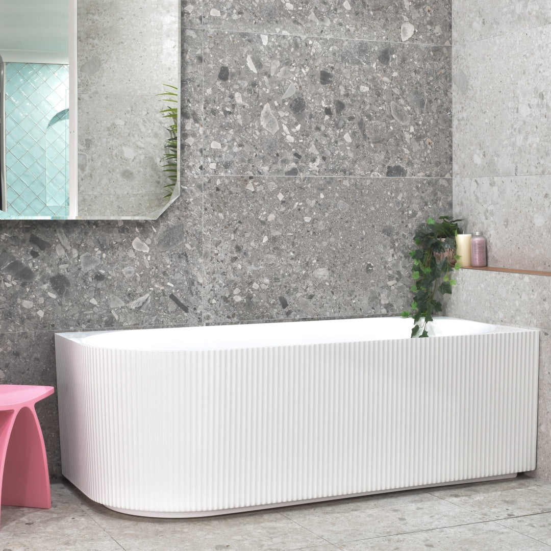 ENFLAIR BRIGHTON GROOVE FREESTANDING RIGHT CORNER BATHTUB GLOSS WHITE 1500MM AND 1700MM