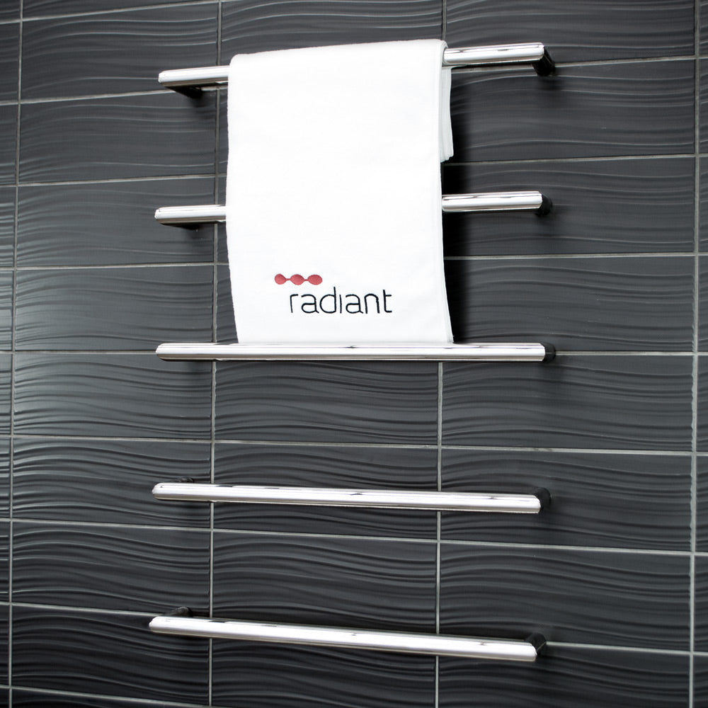 RADIANT HEATING ROUND HEATED SINGLE TOWEL RAIL MIRROR POLISHED (ALSO AVAILABLE IN 650MM AND 800MM)