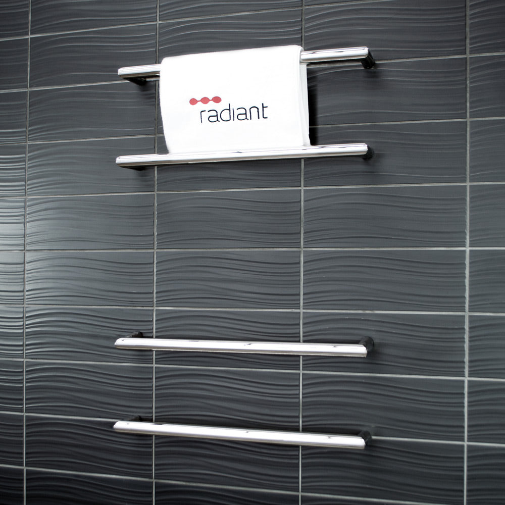 RADIANT HEATING ROUND HEATED SINGLE TOWEL RAIL MIRROR POLISHED (ALSO AVAILABLE IN 650MM AND 800MM)