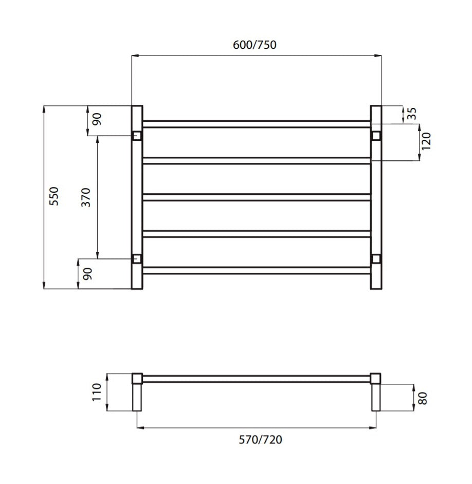 RADIANT HEATING 5-BARS SQUARE NON-HEATED TOWEL RAIL CHROME 600MM