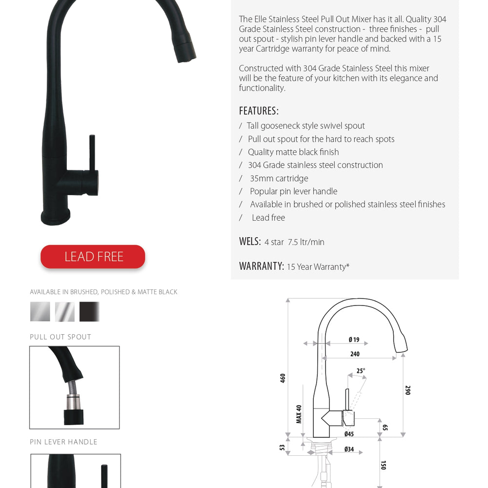 LINKWARE ELLE STEEL PULL OUT MIXER 460MM MATTE BLACK