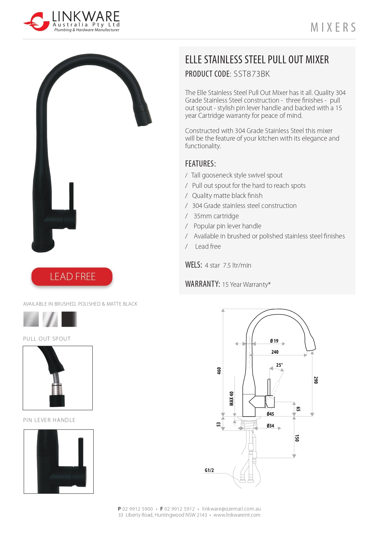 LINKWARE ELLE STEEL PULL OUT MIXER 460MM MATTE BLACK