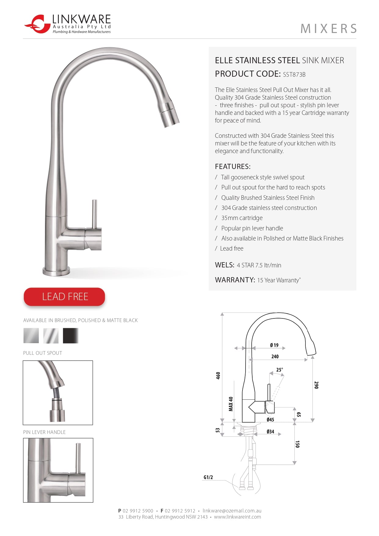 LINKWARE ELLE STEEL PULL OUT MIXER BRUSHED STAINLESS STEEL