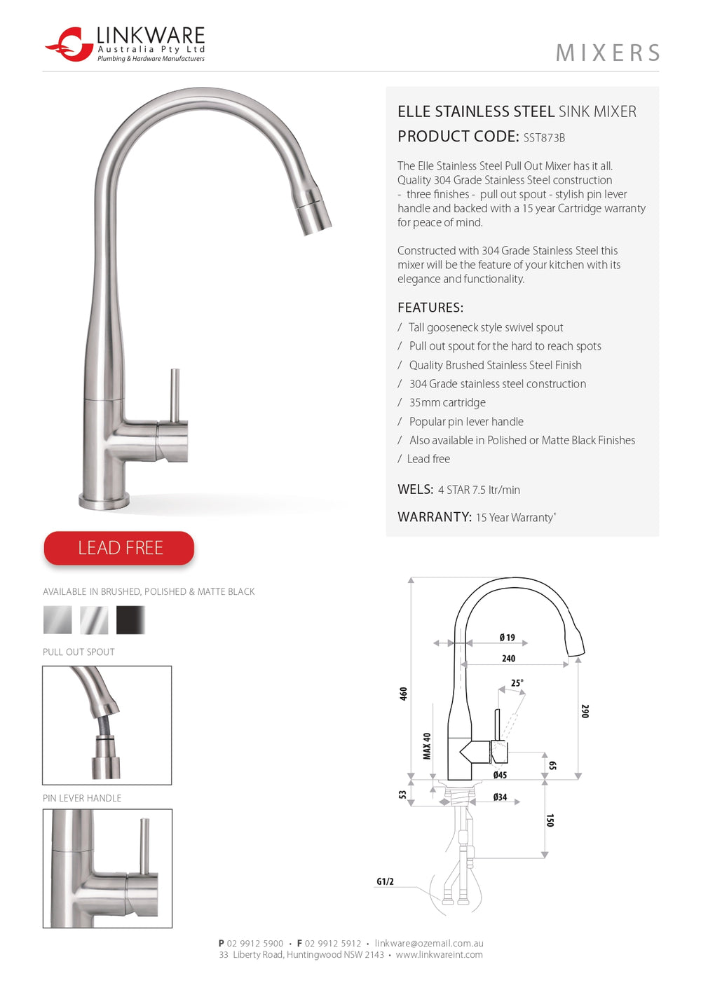 LINKWARE ELLE STEEL PULL OUT MIXER BRUSHED STAINLESS STEEL