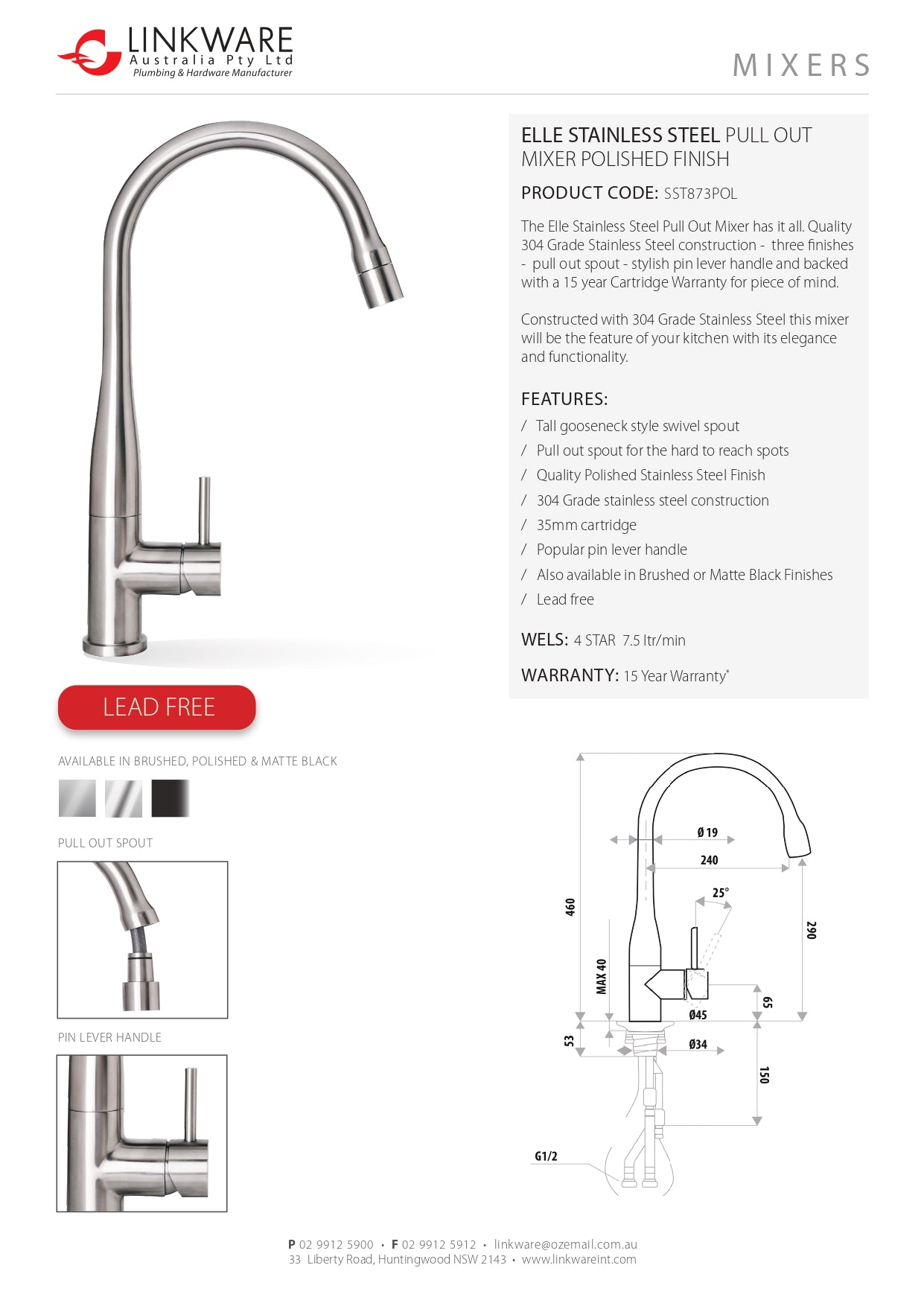 LINKWARE ELLE STEEL PULL OUT MIXER 460MM POLISHED STAINLESS STEEL