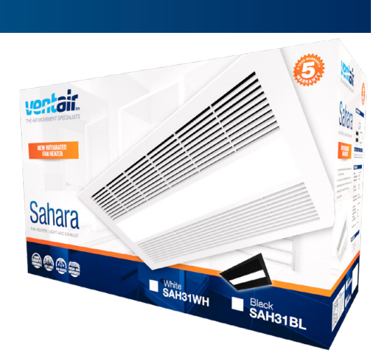VENTAIR SAHARA HIGH PERFORMANCE 4 IN 1 BATHROOM UNIT WITH INTEGRATED FAN, HEAT, LED LIGHT AND EXHAUST FAN BLACK
