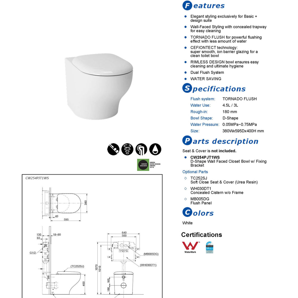 TOTO HAYON WALL FACED TOILET (D-SHAPE) GLOSS WHITE