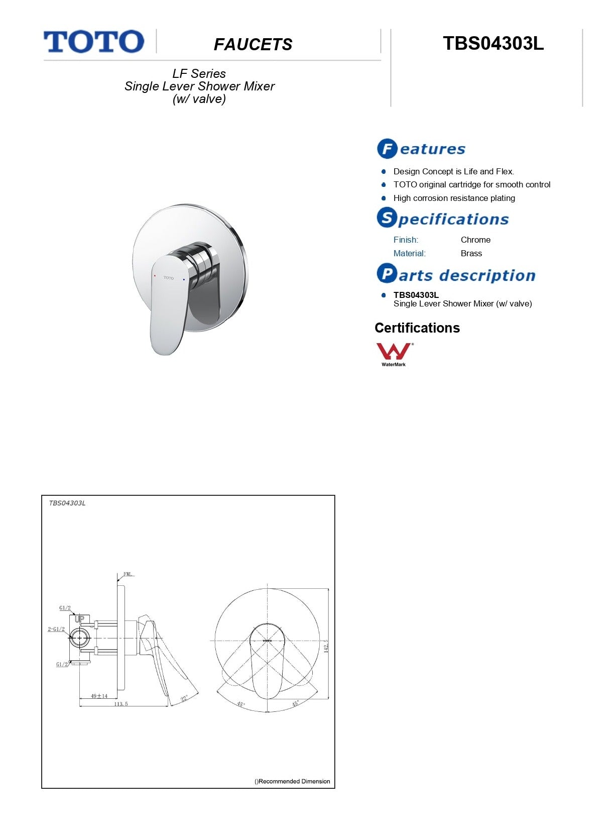 TOTO LF WALL MIXER 142MM CHROME