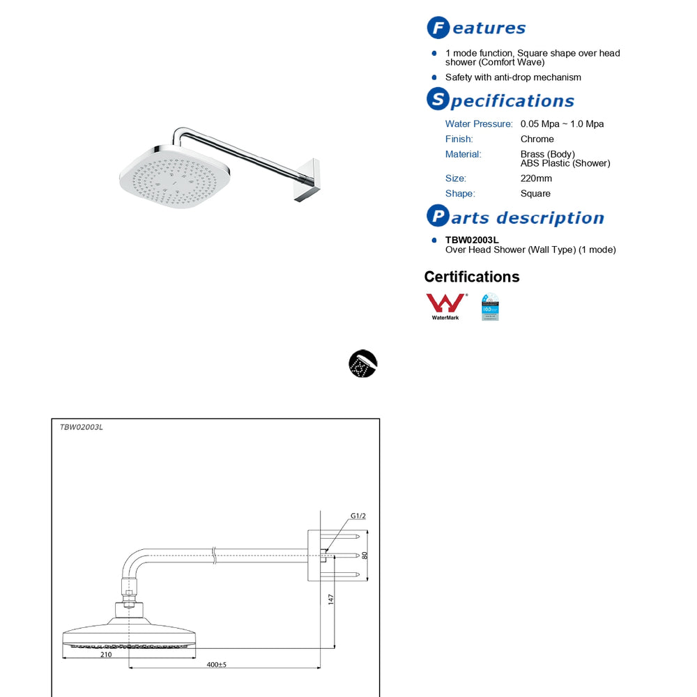 TOTO G SELECTION SQUARE SHOWER HEAD WITH SHOWER ARM 220MM CHROME