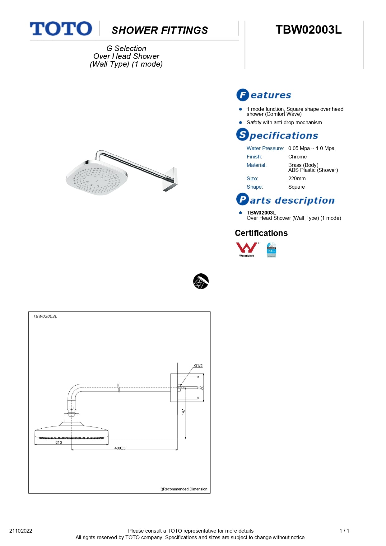 TOTO G SELECTION SQUARE SHOWER HEAD WITH SHOWER ARM 220MM CHROME