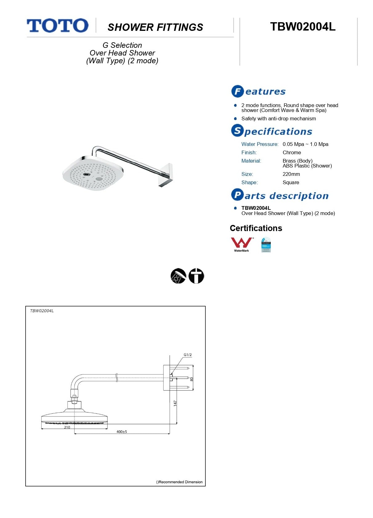 TOTO G SELECTION SQUARE SHOWER HEAD WITH SHOWER ARM 220MM CHROME