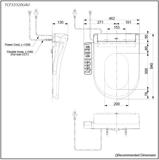 TOTO S2 WASHLET WITH SIDE CONTROL D-SHAPED GLOSS WHITE