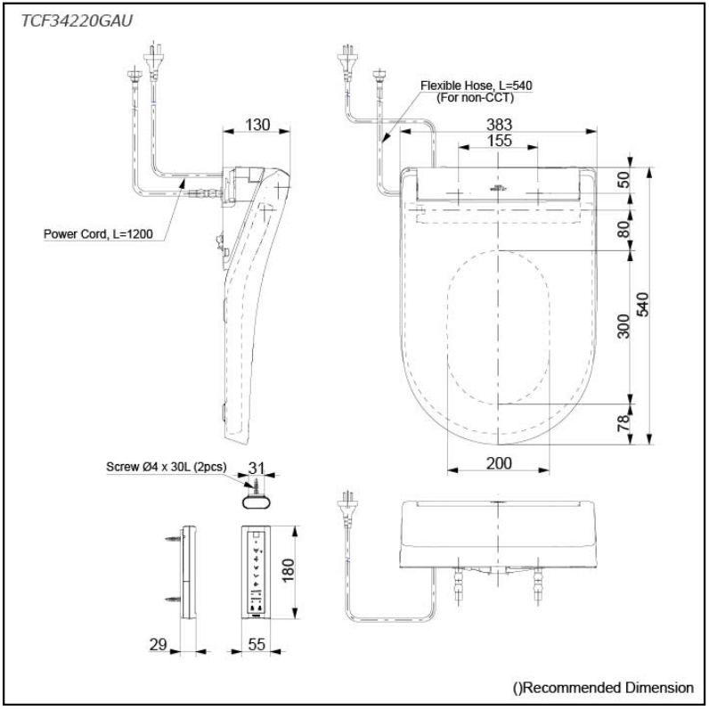 TOTO S5 WASHLET WITH REMOTE CONTROL D-SHAPED GLOSS WHITE