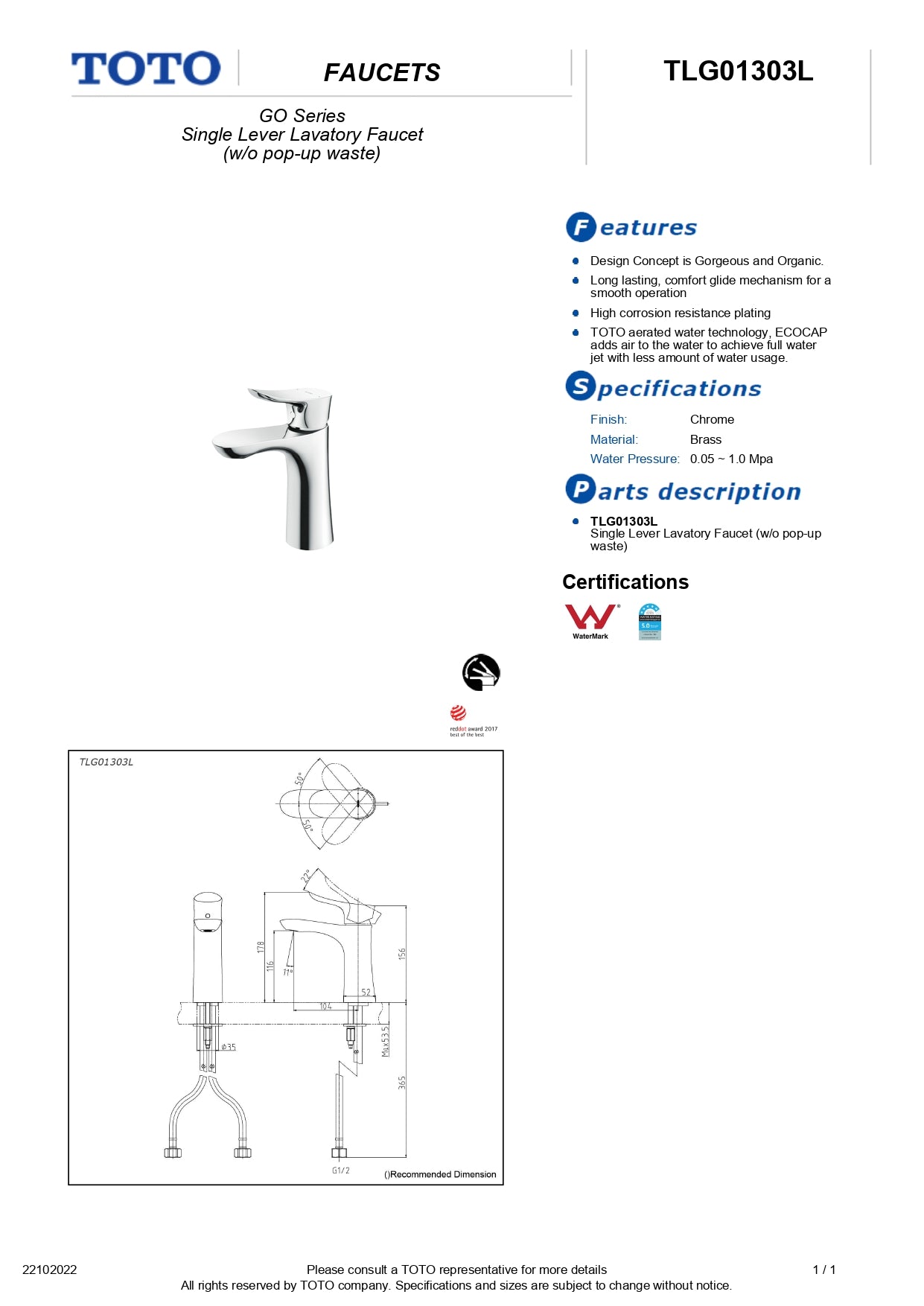 TOTO GO BASIN MIXER CHROME