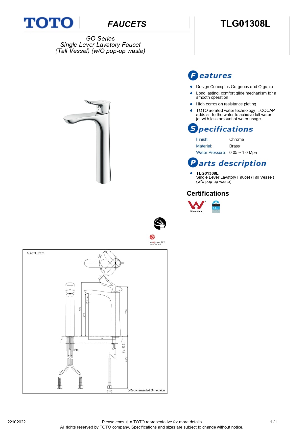 TOTO GO TALL BASIN MIXER CHROME