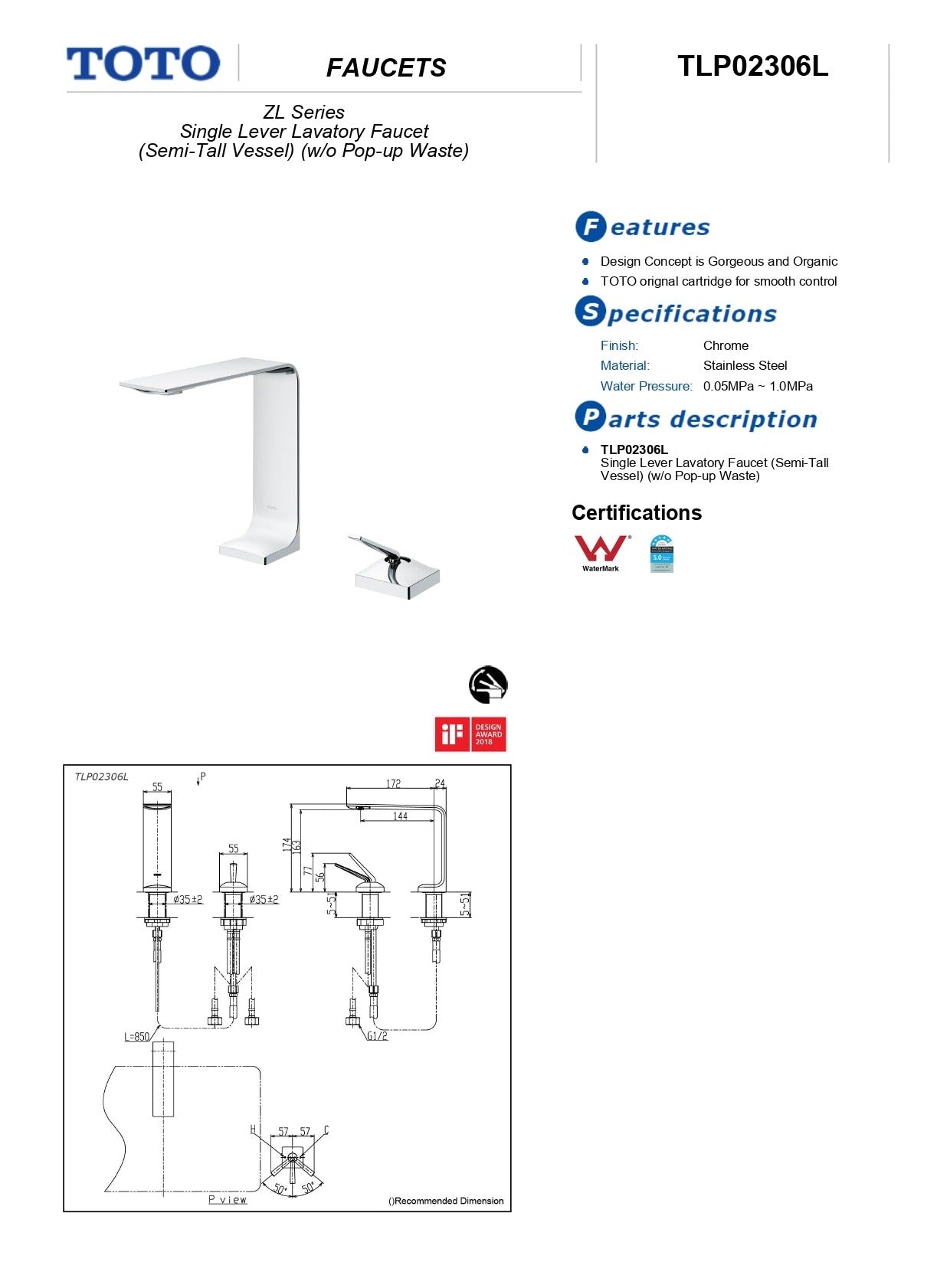 TOTO ZL SEMI TALL BASIN MIXER 174MM CHROME