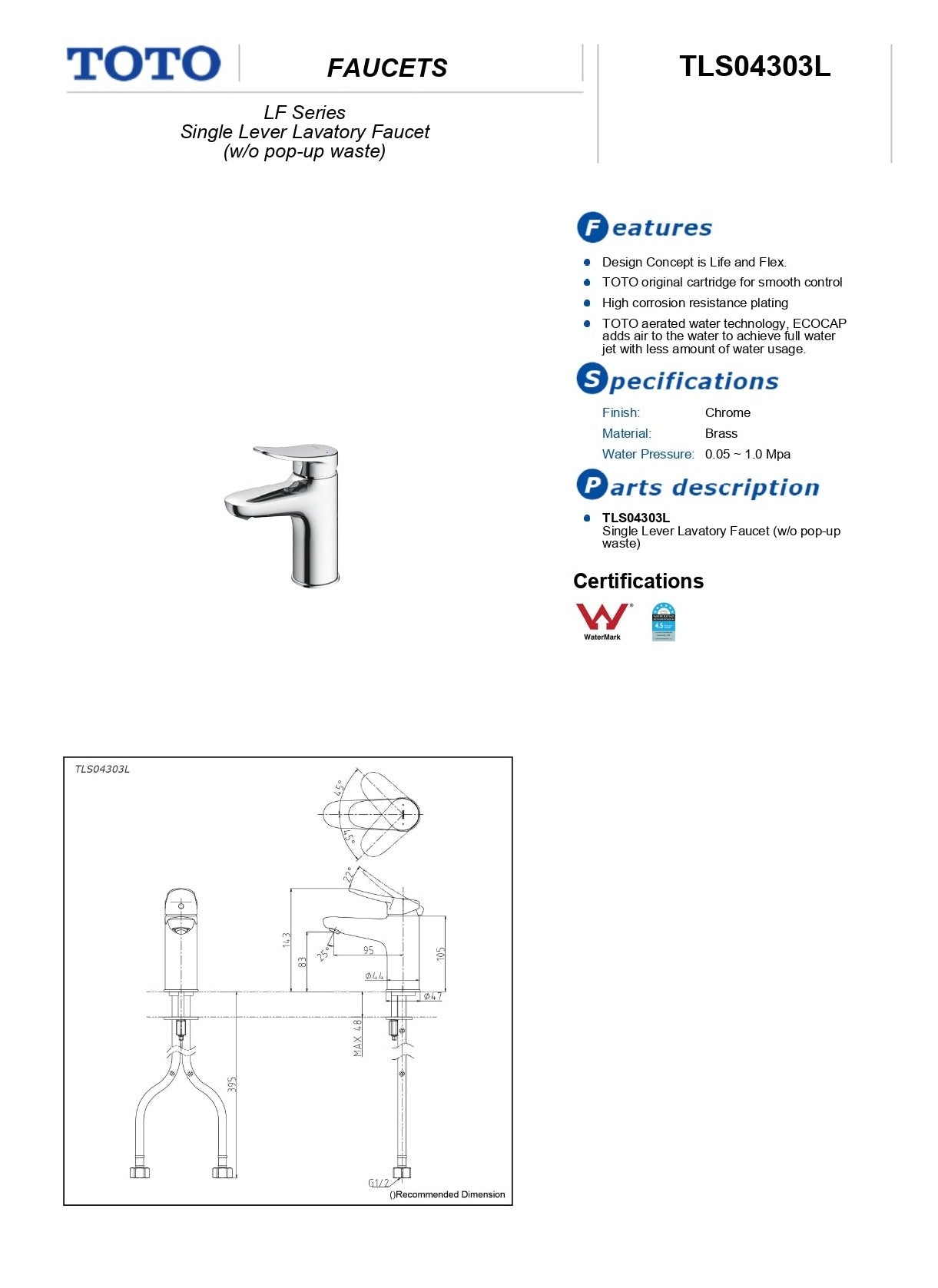 TOTO LF BASIN MIXER CHROME