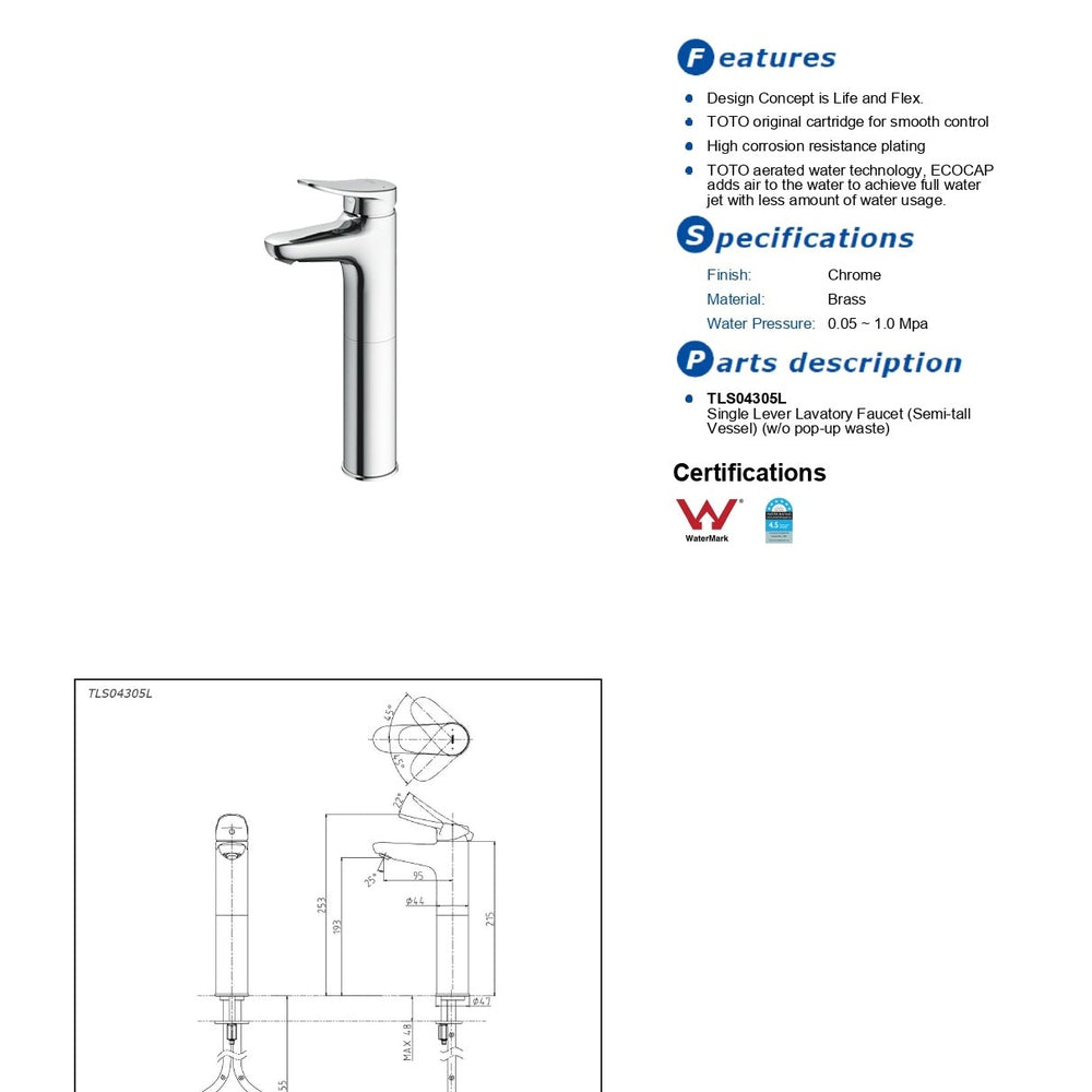 TOTO LF SEMI TALL BASIN MIXER 253MM CHROME