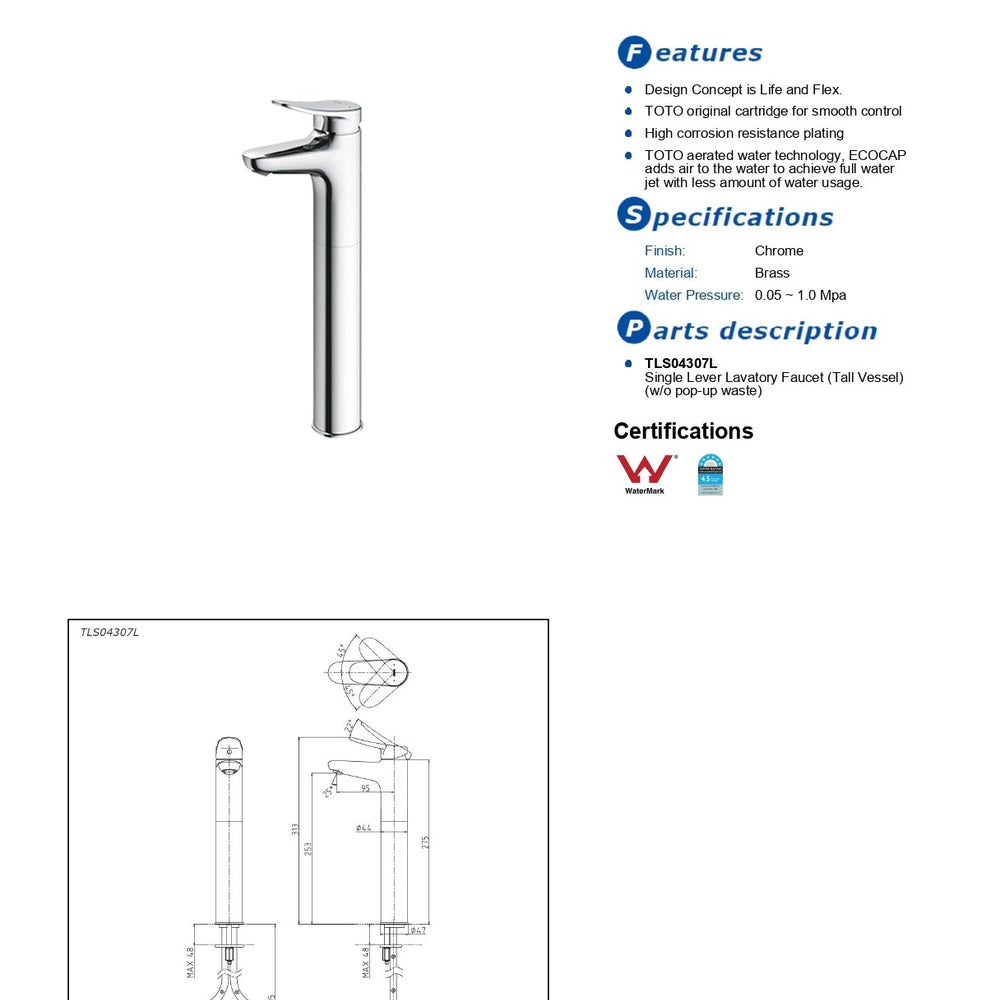 TOTO LF TALL BASIN MIXER CHROME