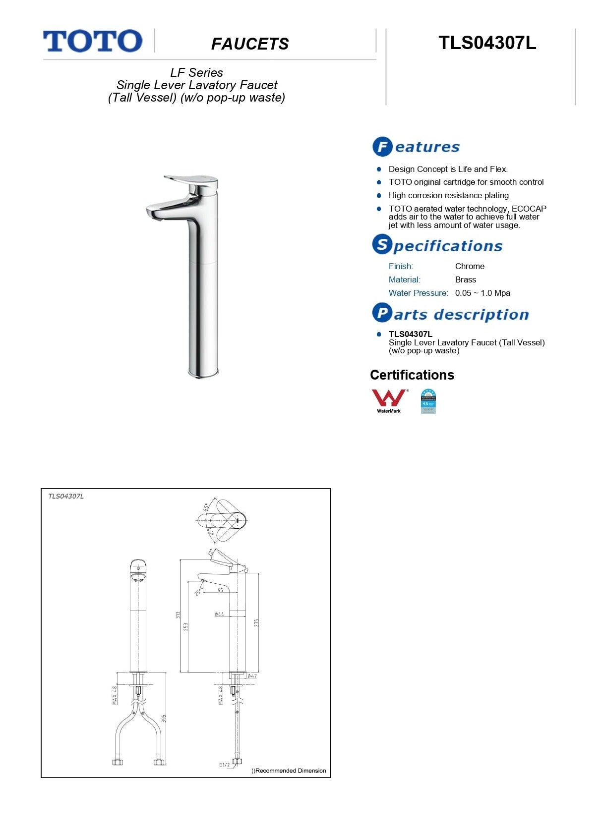 TOTO LF TALL BASIN MIXER CHROME
