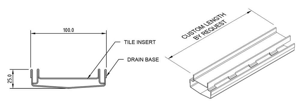 GRATES2GO TILE INSERT DRAIN NATURAL BRASS 100MM X 1000MM (CUSTOM SIZES AVAILABLE)