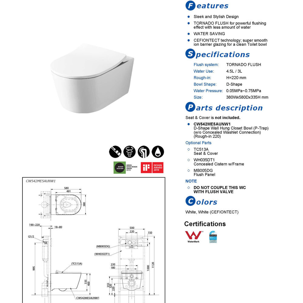 TOTO CONTEMPORARY I WALL HUNG TOILET (D-SHAPE) GLOSS WHITE