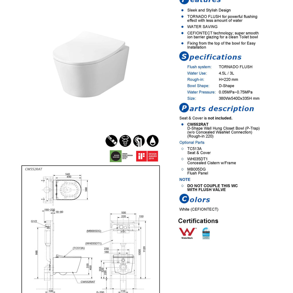 TOTO WALL HUNG TOILET (D-SHAPE) GLOSS WHITE