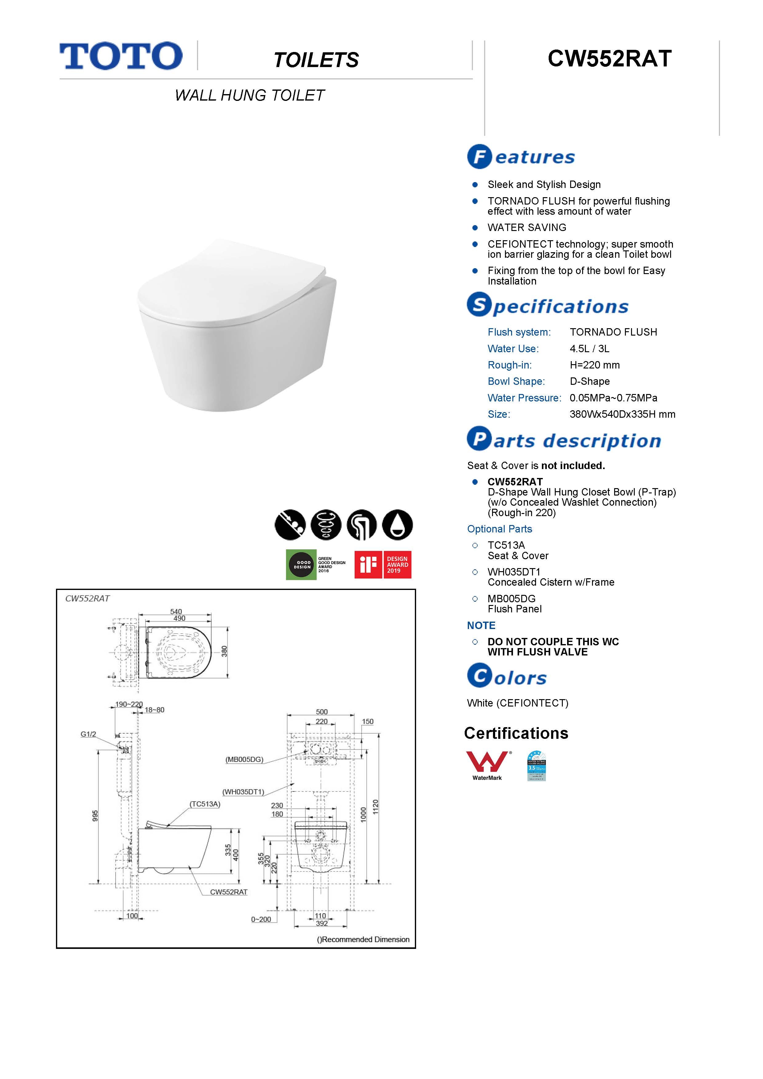 TOTO WALL HUNG TOILET (D-SHAPE) GLOSS WHITE