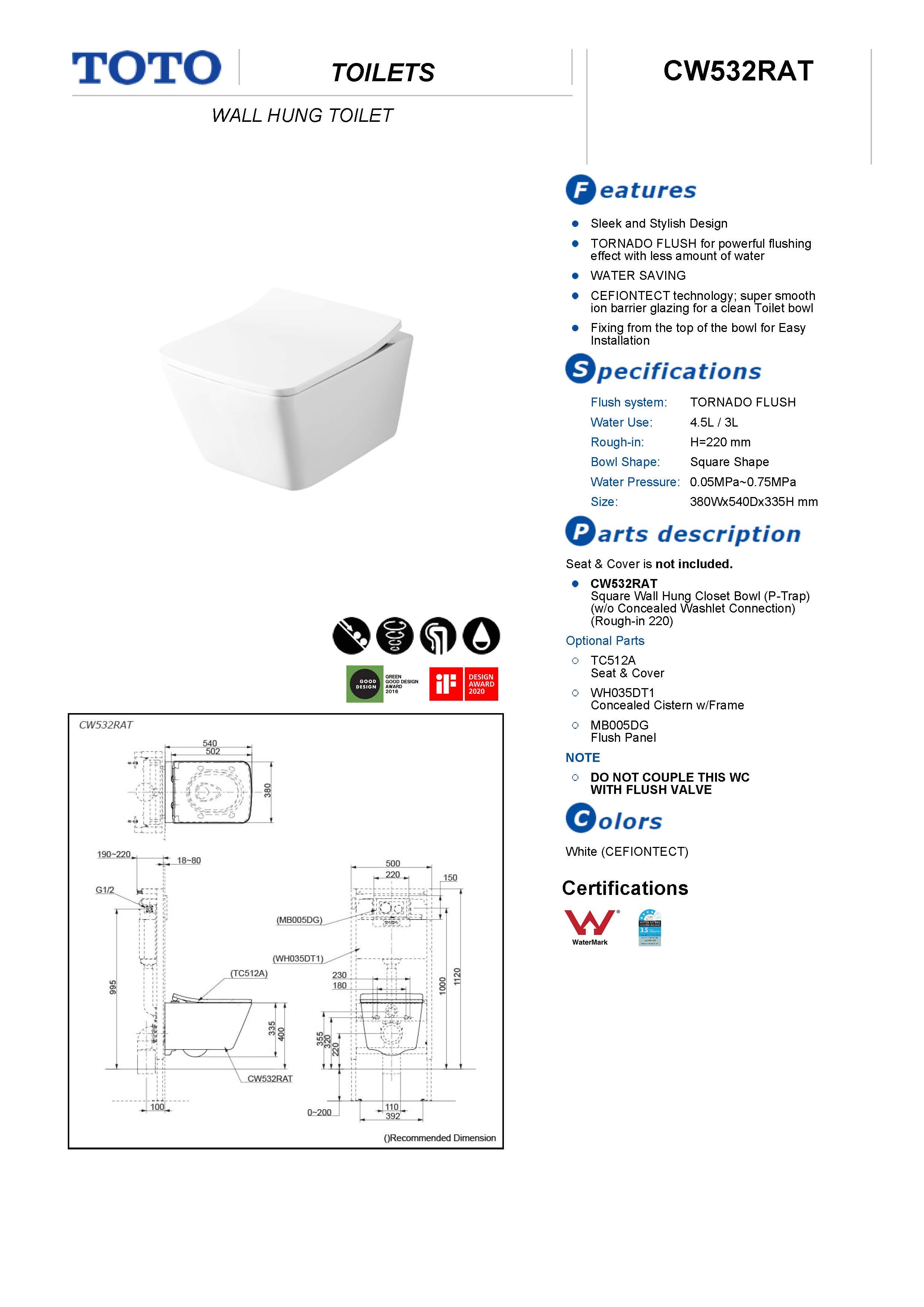 TOTO WALL HUNG TOILET GLOSS WHITE