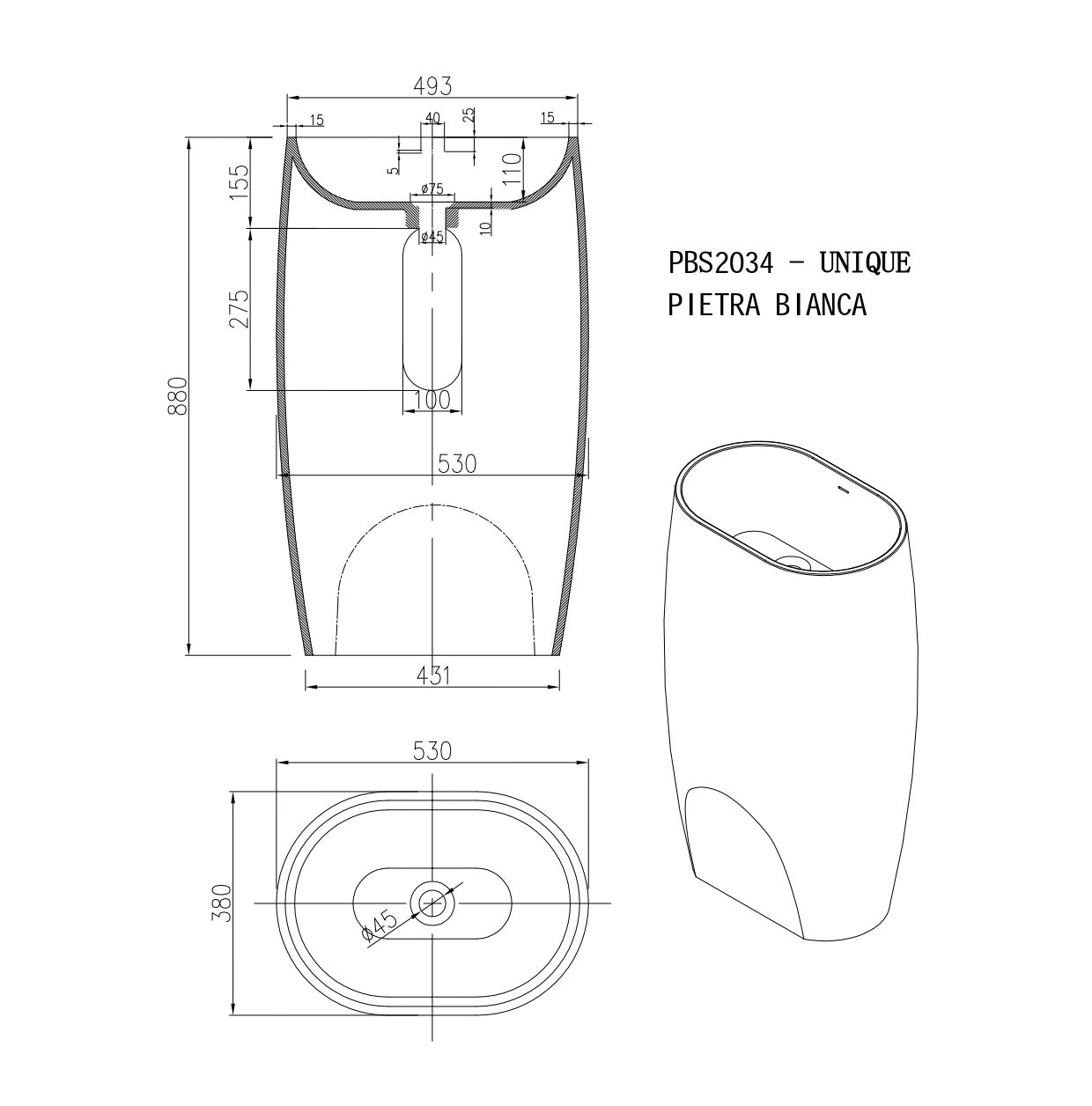 PIETRA BIANCA UNIQUE FREESTANDING STONE BASIN WITH CUSTOM COLOURS 530MM