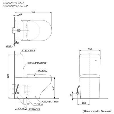 TOTO HAYON CLOSE COUPLED TOILET GLOSS WHITE