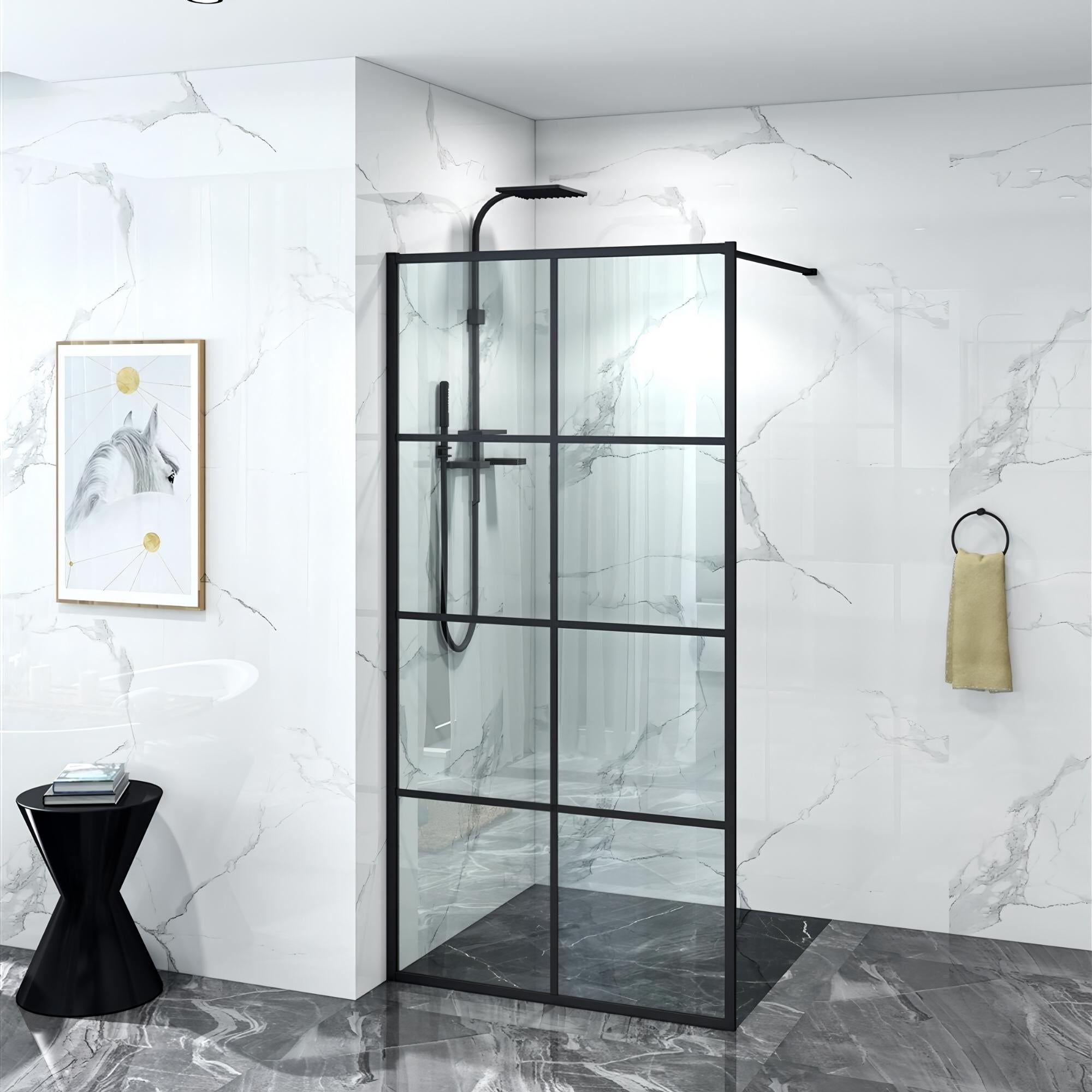COVEY FRAMED 8 PRINTED GRILLS WALK IN SINGLE PANEL WITH SUPPORT BAR SHOWER SCREEN MATTE BLACK