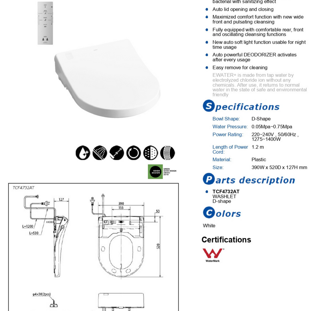 TOTO S7 WASHLET WITH REMOTE CONTROL AND AUTOLID D-SHAPE GLOSS WHITE