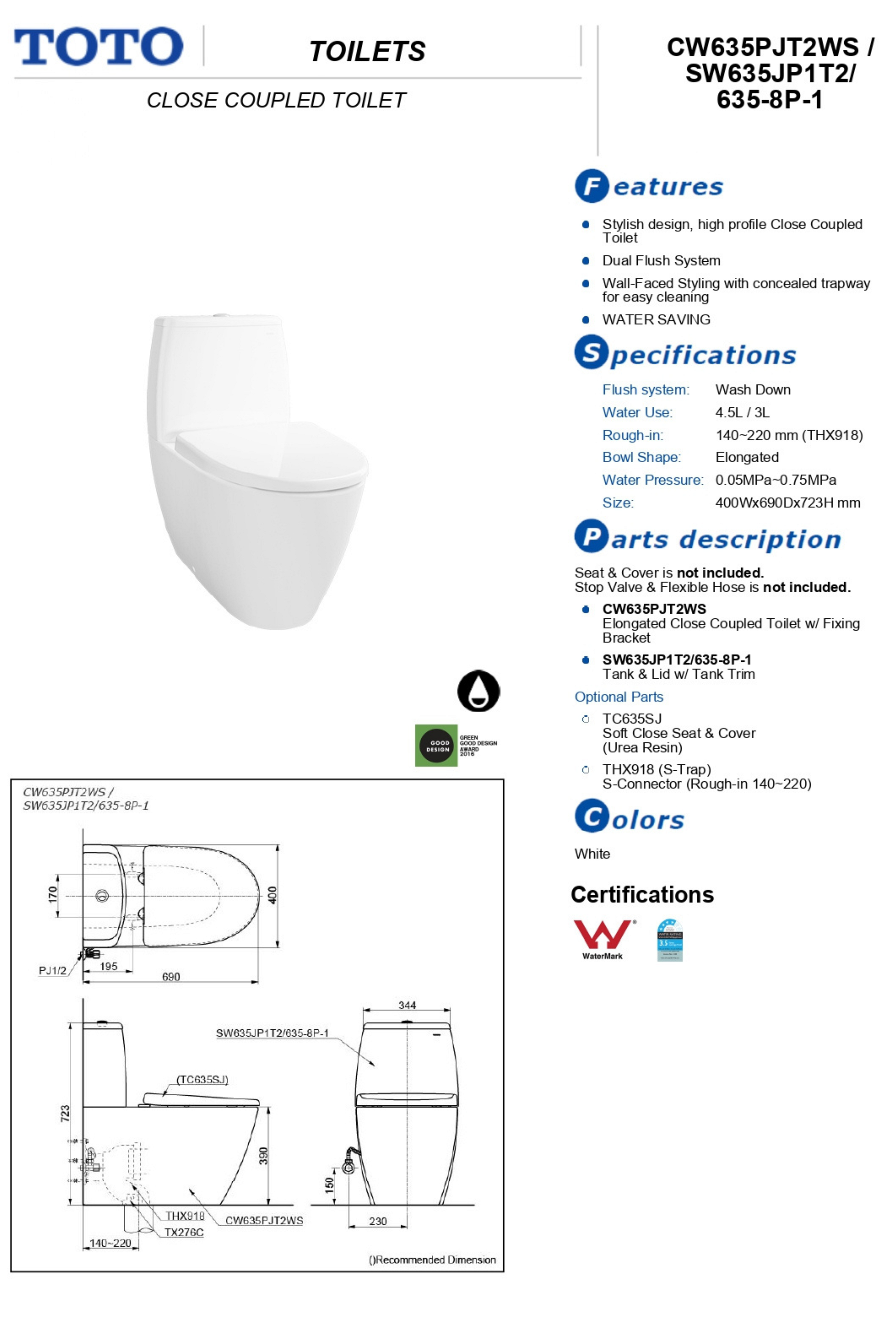 TOTO ROUND CLOSE COUPLED TOILET (ROUND CISTERN) GLOSS WHITE