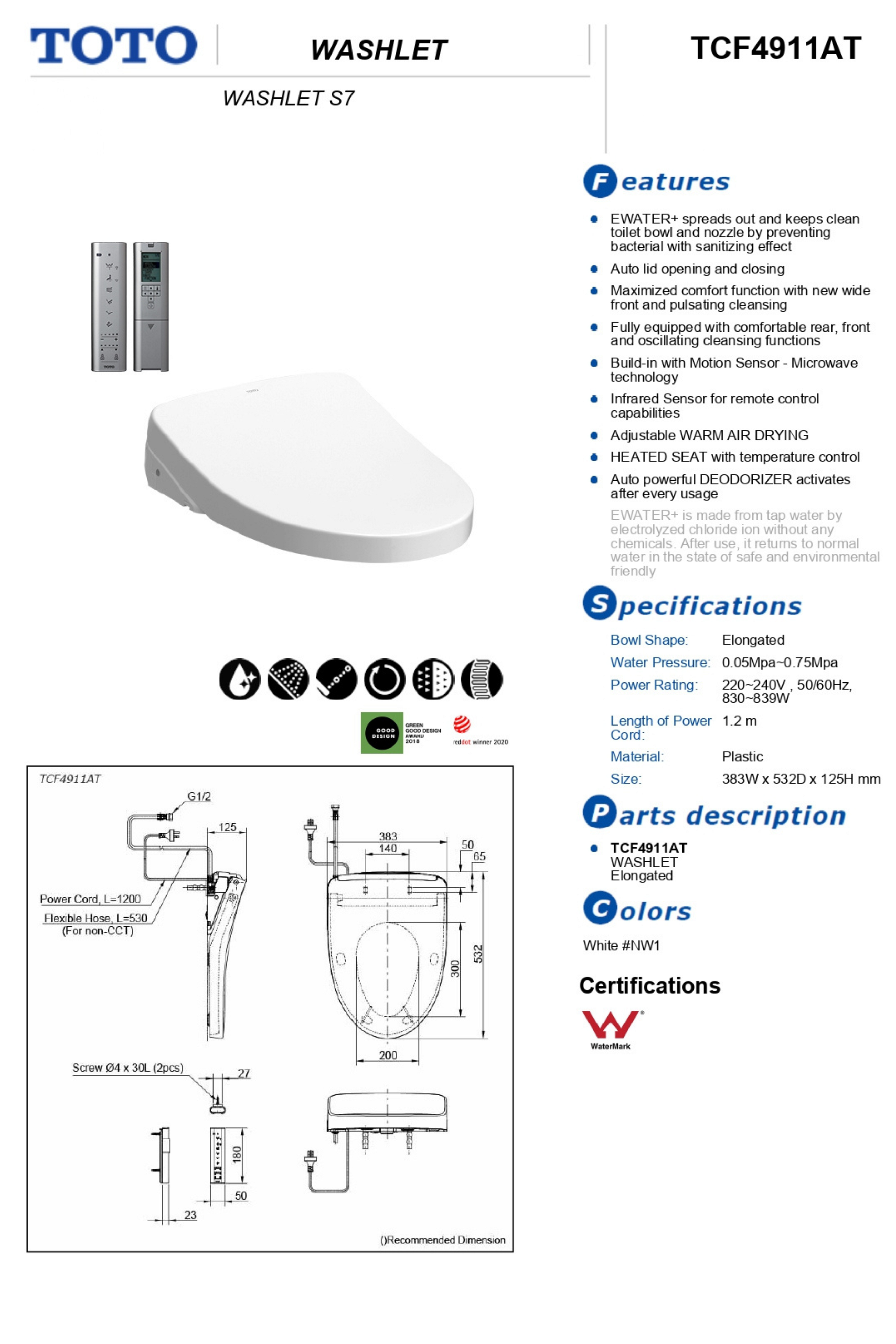 TOTO WASHLET WITH REMOTE CONTROL AND AUTOLID ELONGATED GLOSS WHITE