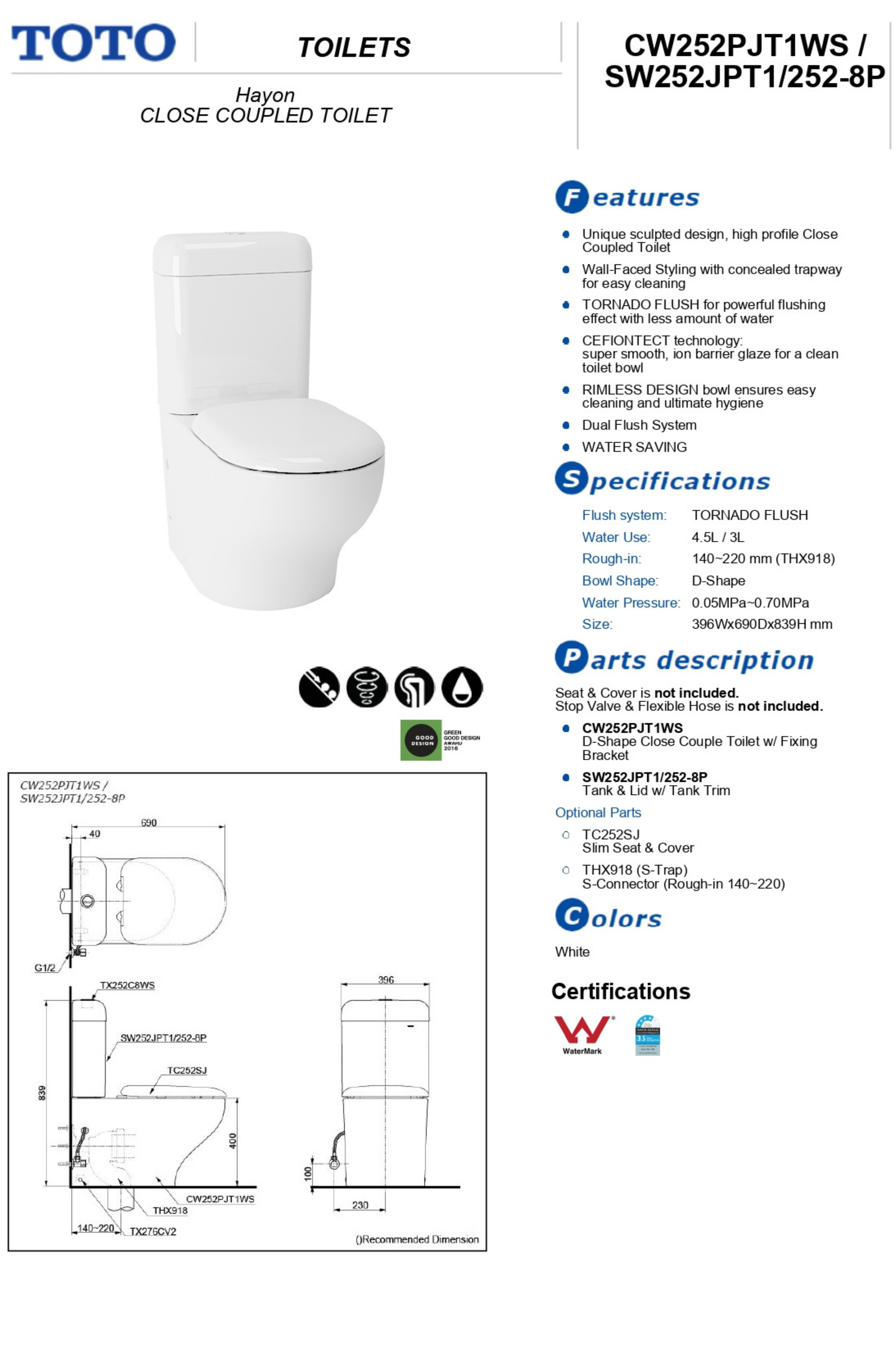 TOTO HAYON CLOSE COUPLED TOILET GLOSS WHITE