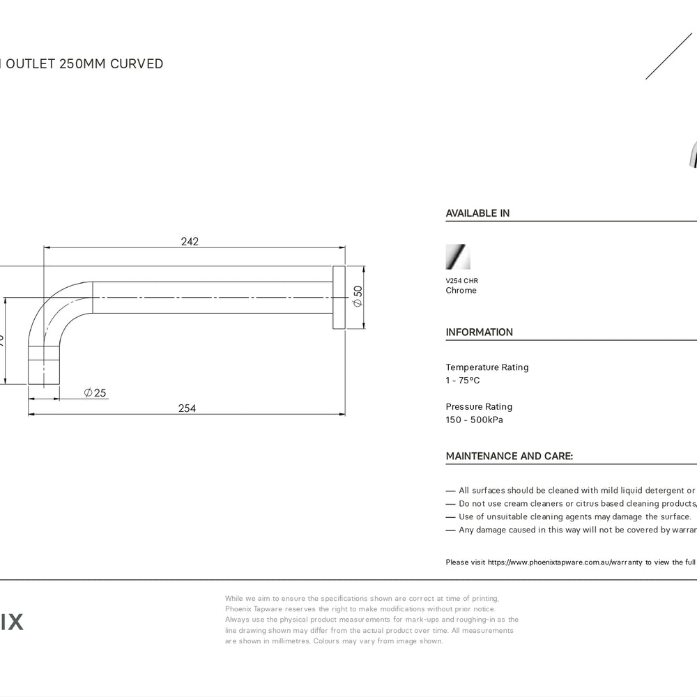 PHOENIX VIVID WALL BASIN OUTLET 254MM CHROME