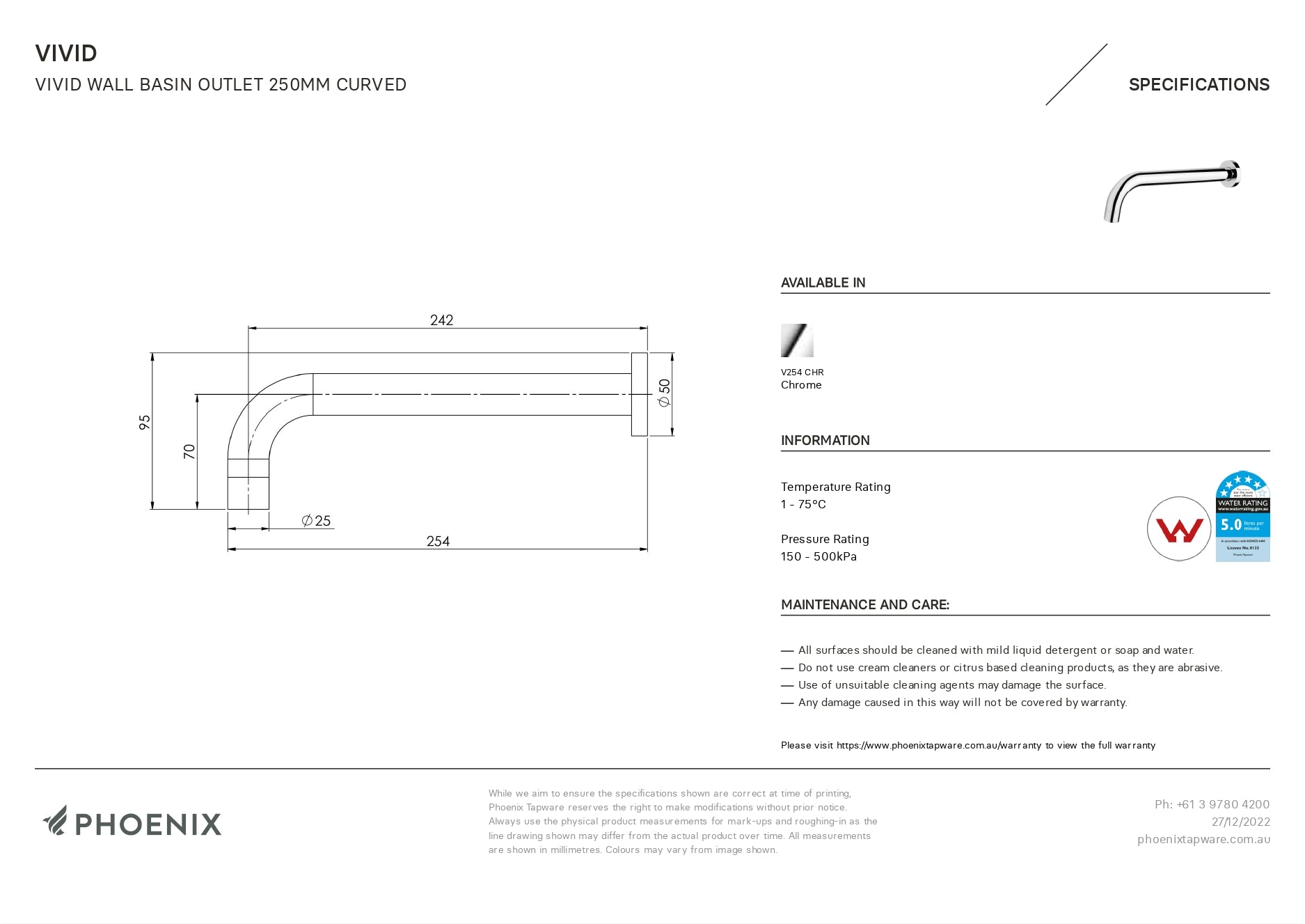 PHOENIX VIVID WALL BASIN OUTLET 254MM CHROME