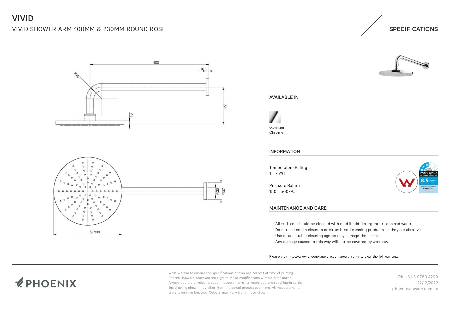 PHOENIX VIVID SHOWER ARM ROUND ROSE CHROME 400MM AND 230MM