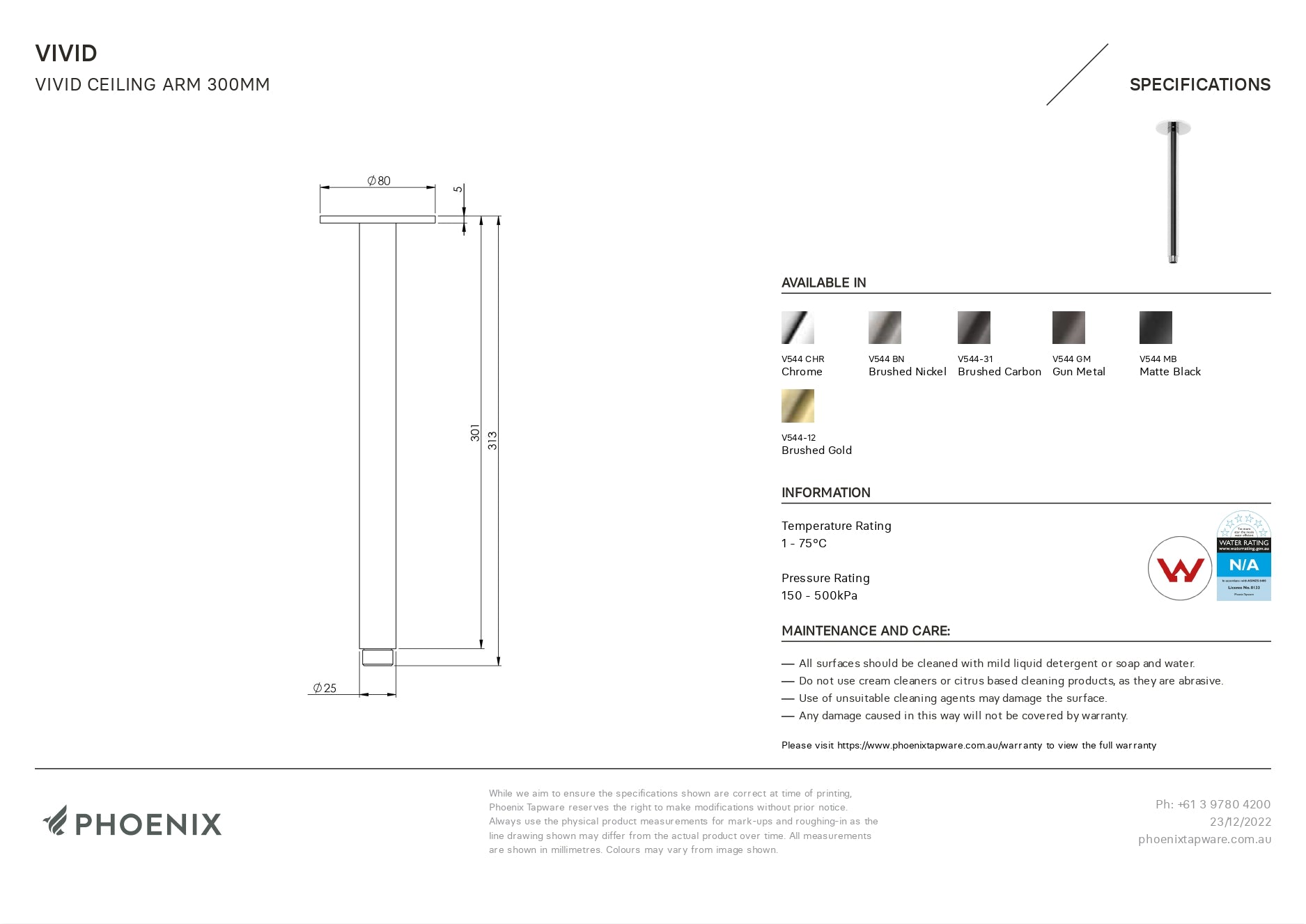 PHOENIX VIVID CEILING ARM 300MM BRUSHED NICKEL