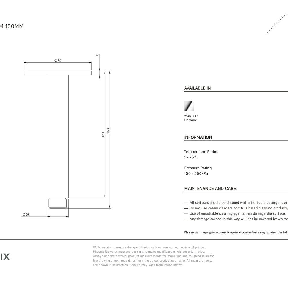 PHOENIX VIVID CEILING ARM 150MM CHROME