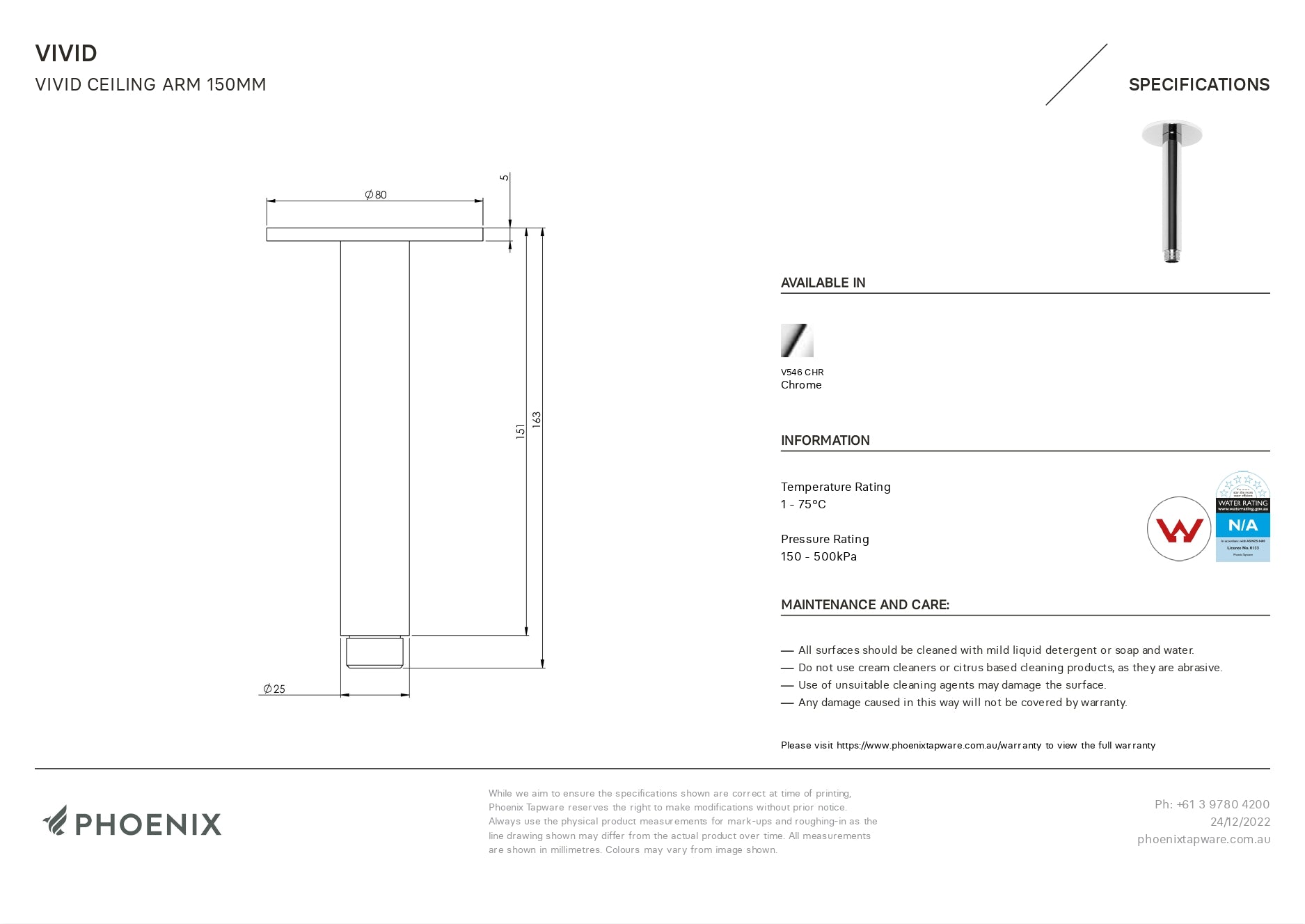 PHOENIX VIVID CEILING ARM 150MM CHROME