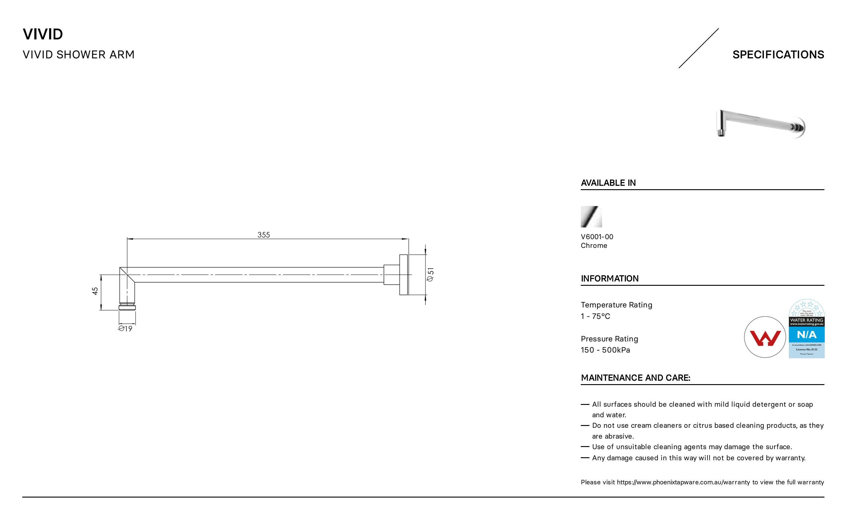 PHOENIX VIVID SHOWER ARM 355MM CHROME