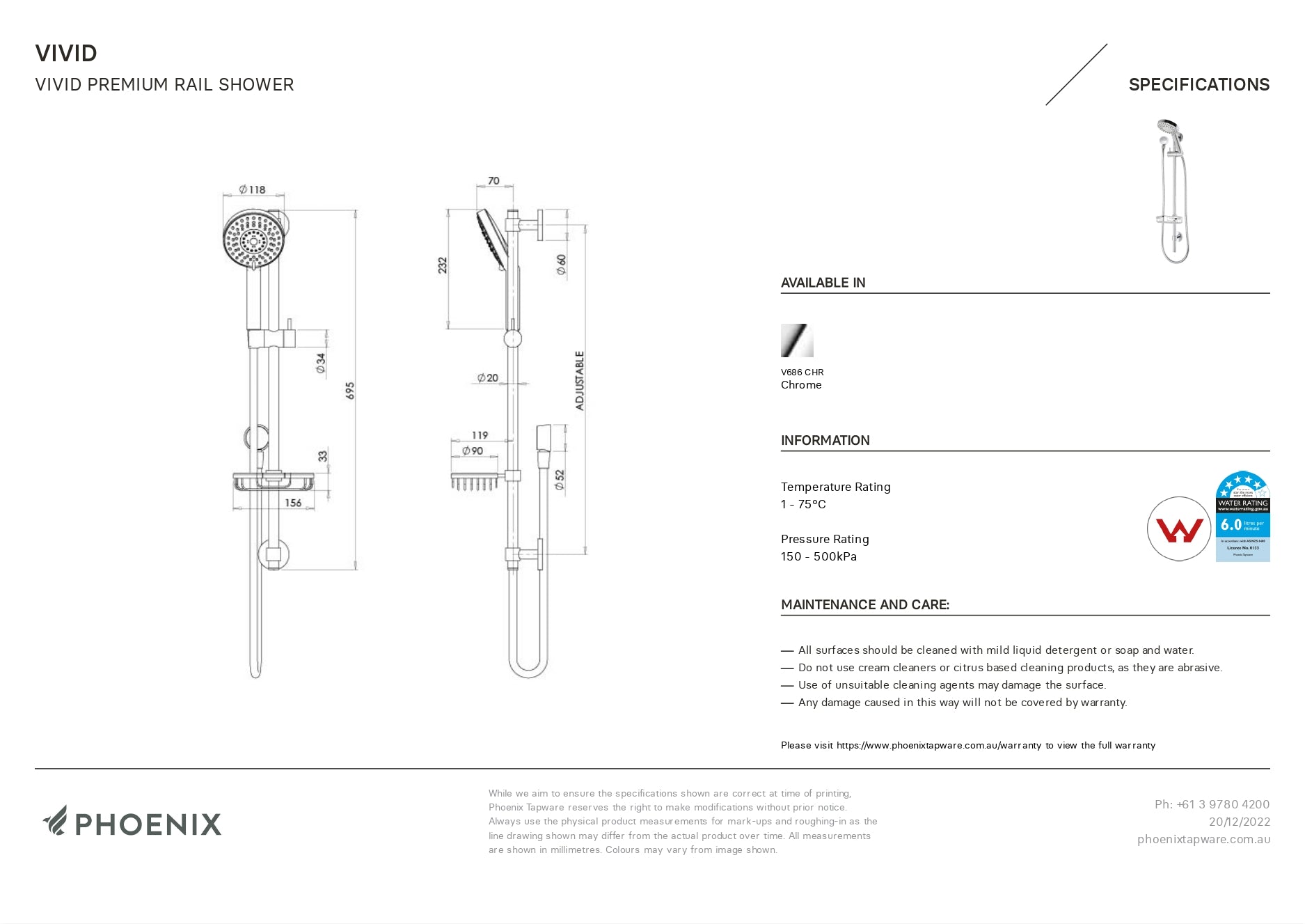 PHOENIX VIVID PREMIUM RAIL SHOWER CHROME