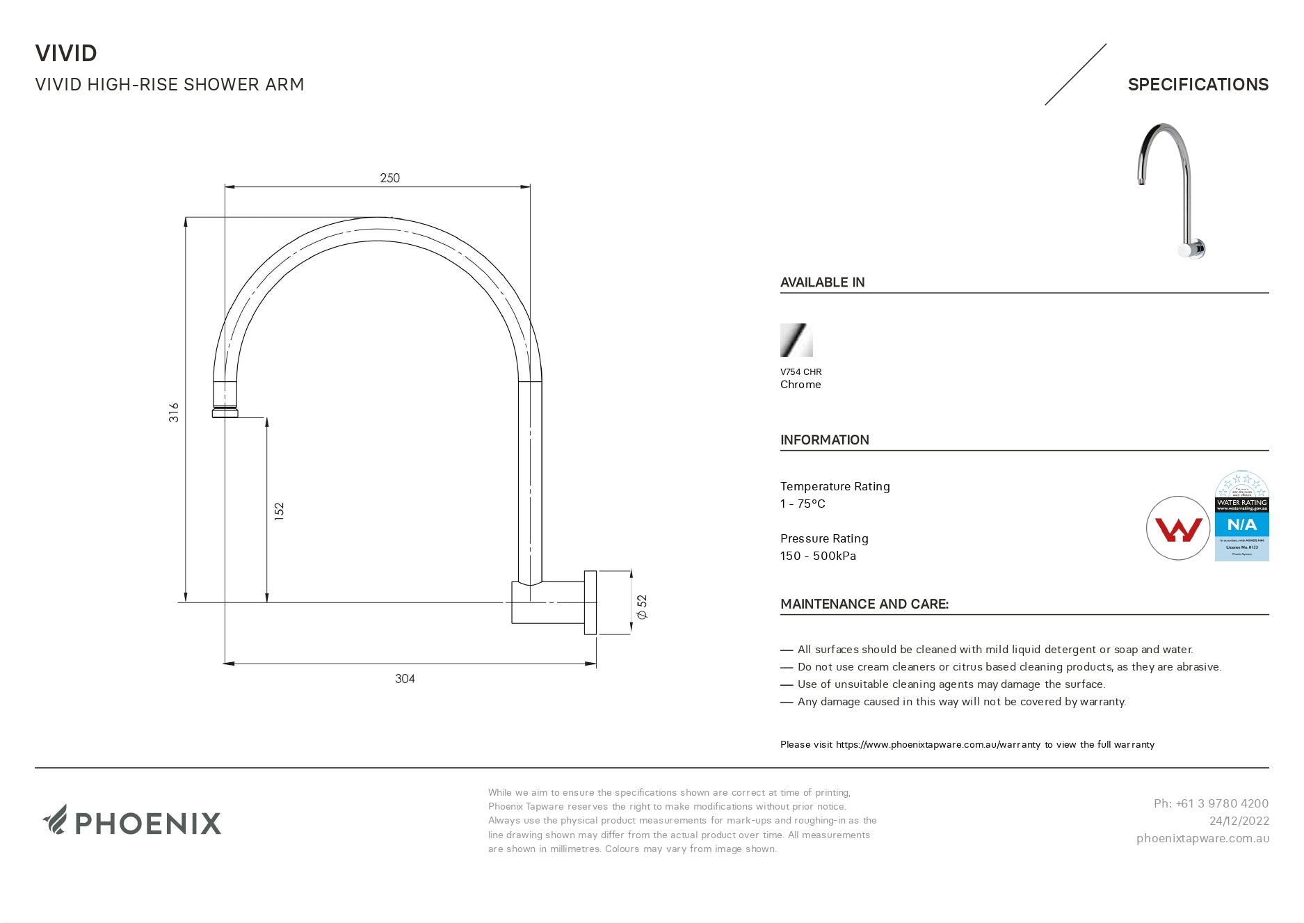 PHOENIX VIVID HIGH-RISE SHOWER ARM 300MM CHROME