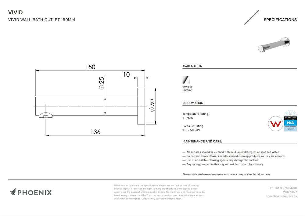 PHOENIX VIVID WALL BATH OUTLET 150MM CHROME