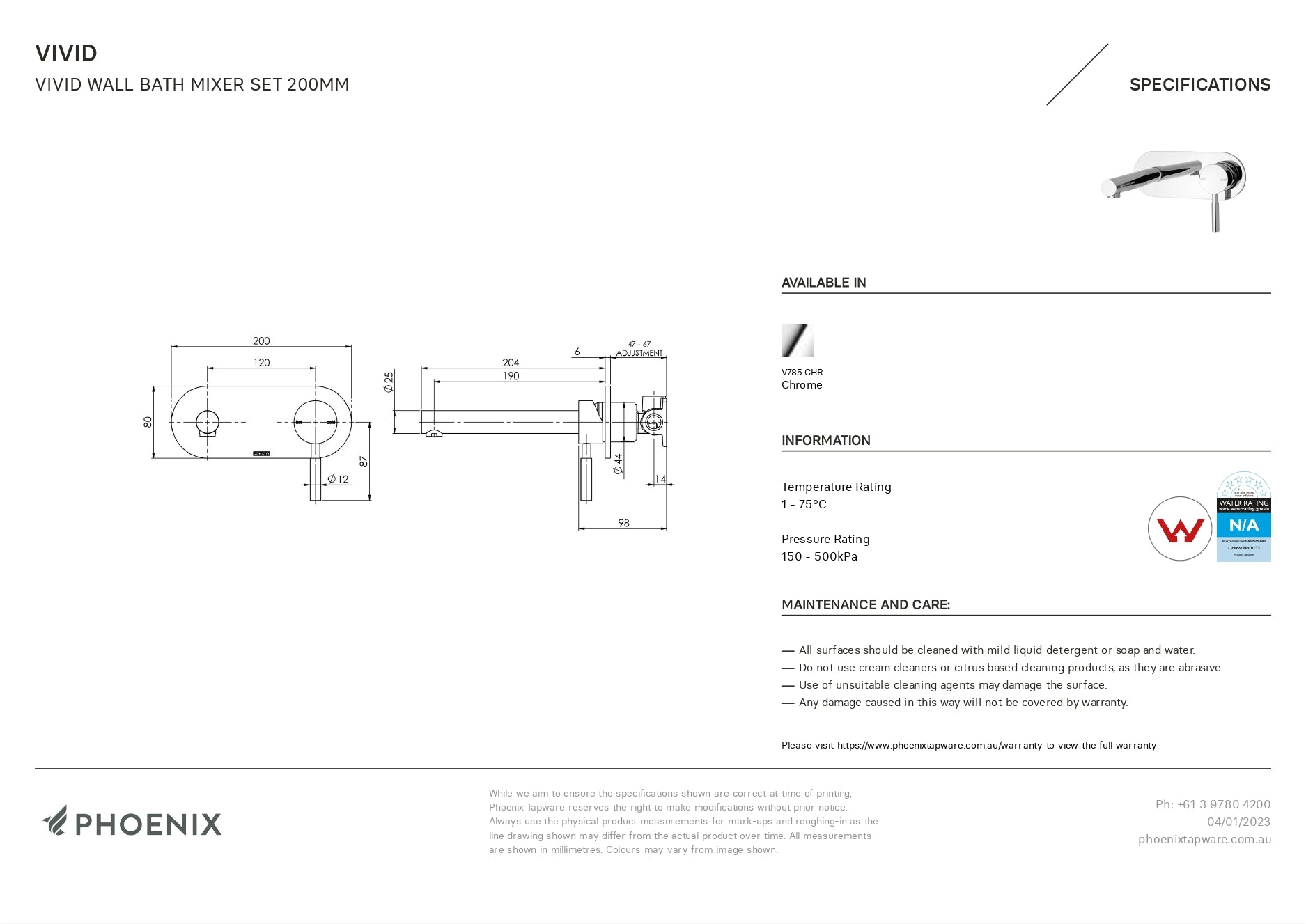 PHOENIX VIVID WALL BATH MIXER SET 200MM CHROME