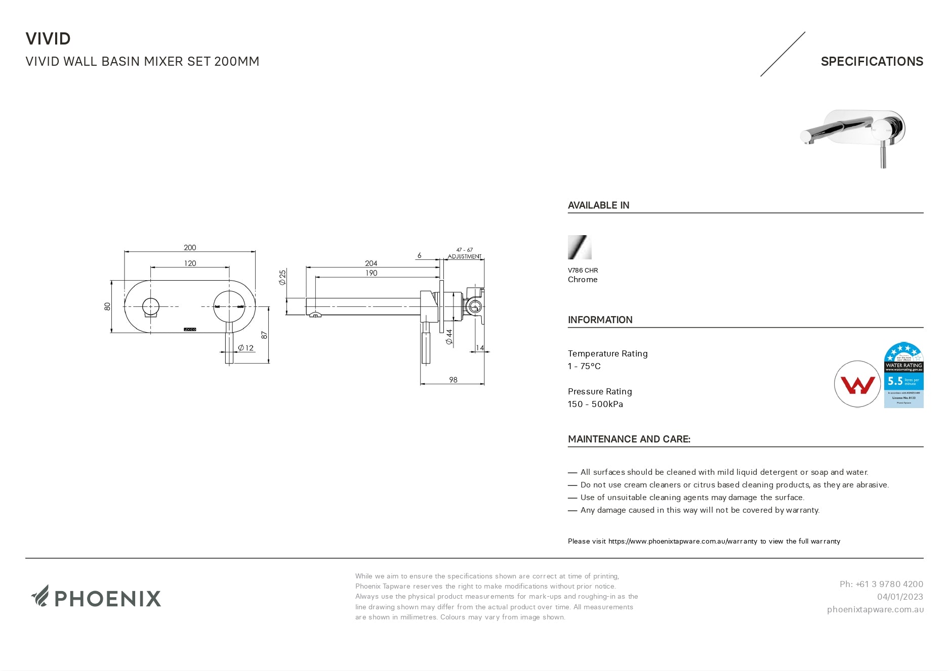 PHOENIX VIVID WALL BASIN MIXER SET 200MM CHROME